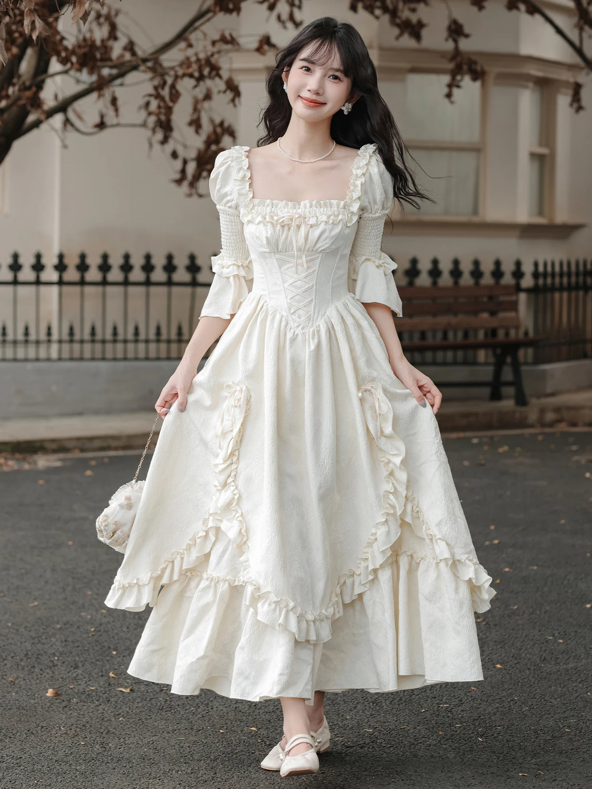 Fairycore Women Princess Party Midi Dress Square Collar Bow Fairy Ruffles Classical Dress Half Sleeve Gorgeous Feminine Dresses