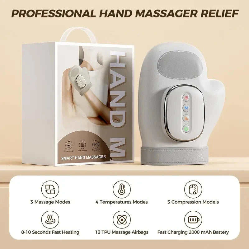 Electric Hand Massager Gloves with Airbag Compression Vibration Heat, Portable Hand Finger Wrist Massager for Carpal Tunnel Reli