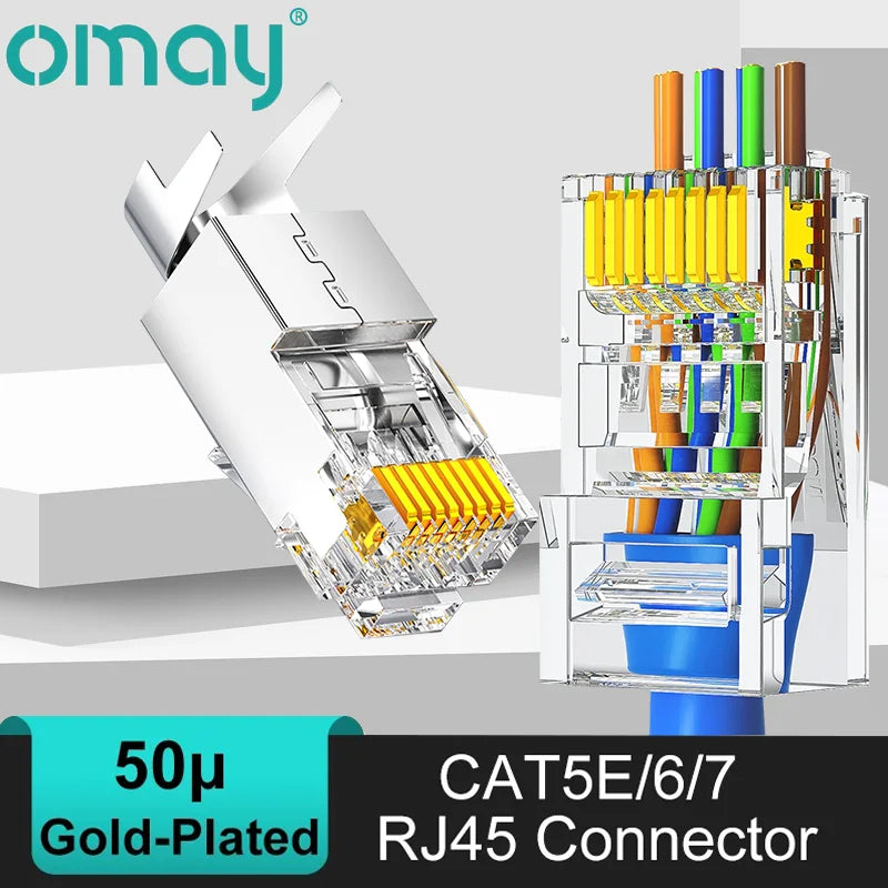 CAT6/7/5E RJ45 Connectors Pass Through Modular Plug Network UTP 3/50μ Gold-Plated 8P8C Crimp End for Ethernet Cable