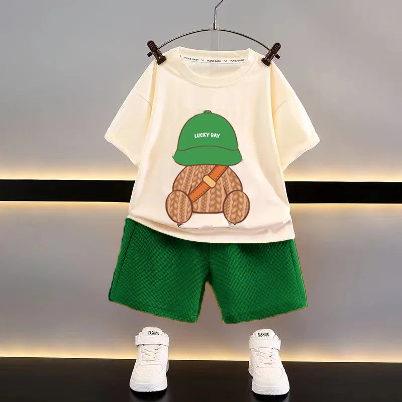 2PCS Summer Toddler Baby Boys Clothing Suits Short Sleeve Bear Backpack Printed T-Shirt Top+Shorts Outfits Children Casual Sets