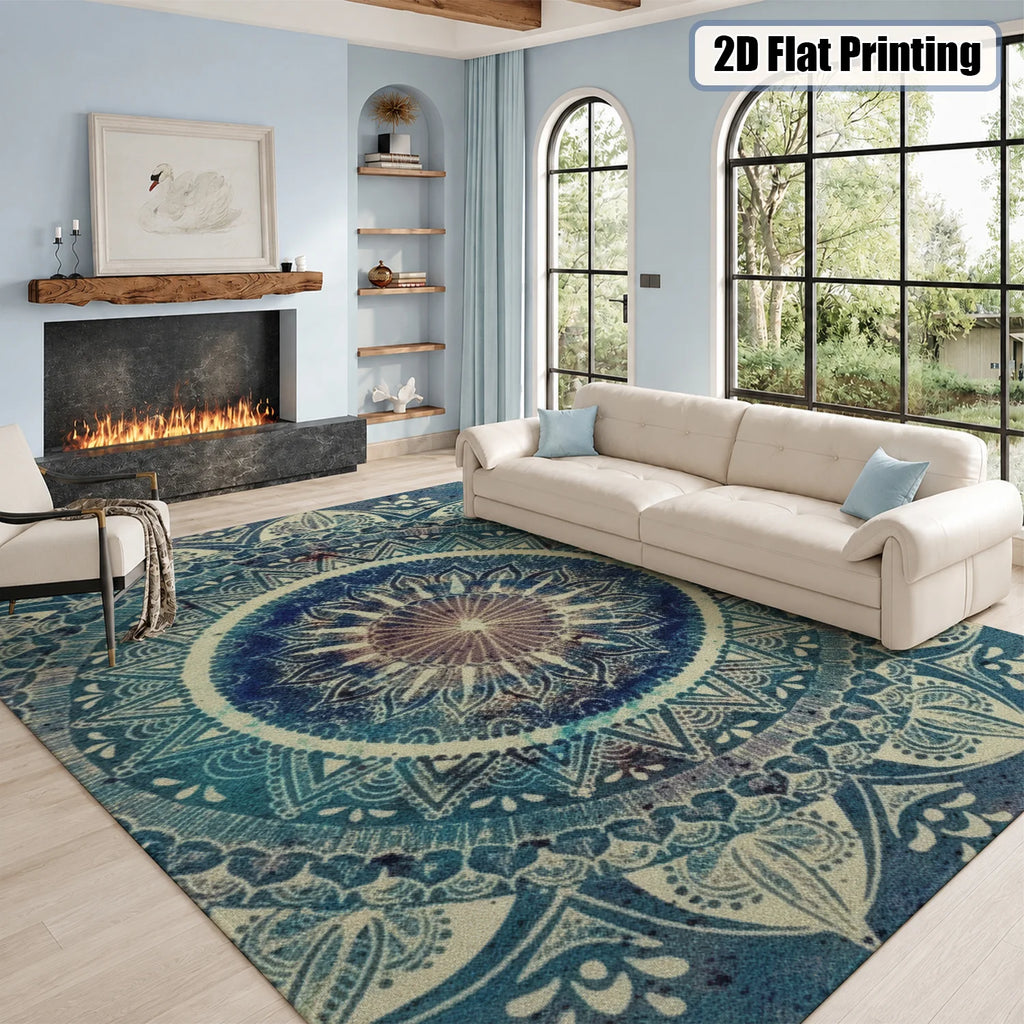 Large Indoor Area Rug, Soft Velvet Low Pile with Non-Slip Dotted Backing, Machine Washable, Blue Boho Mandala Pattern, Great for Living Room, Bedroom, Entryway Home Decor