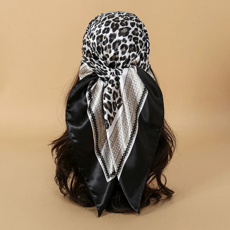 Leopard Square Silk Scarf Women Luxury Brand Satin Print Hijab Scarves Pareo Bandana Female Shawl Wrap Headband Foulard 90*90cm