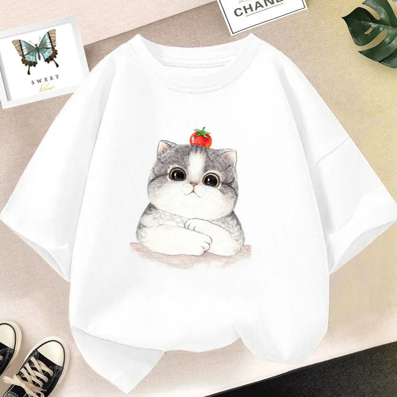 Girls Clothes 2024 Summer Fashion T-Shirt Fun And Cute Cat Kitten Print Short-Sleeved Tops Children Summer Clothes