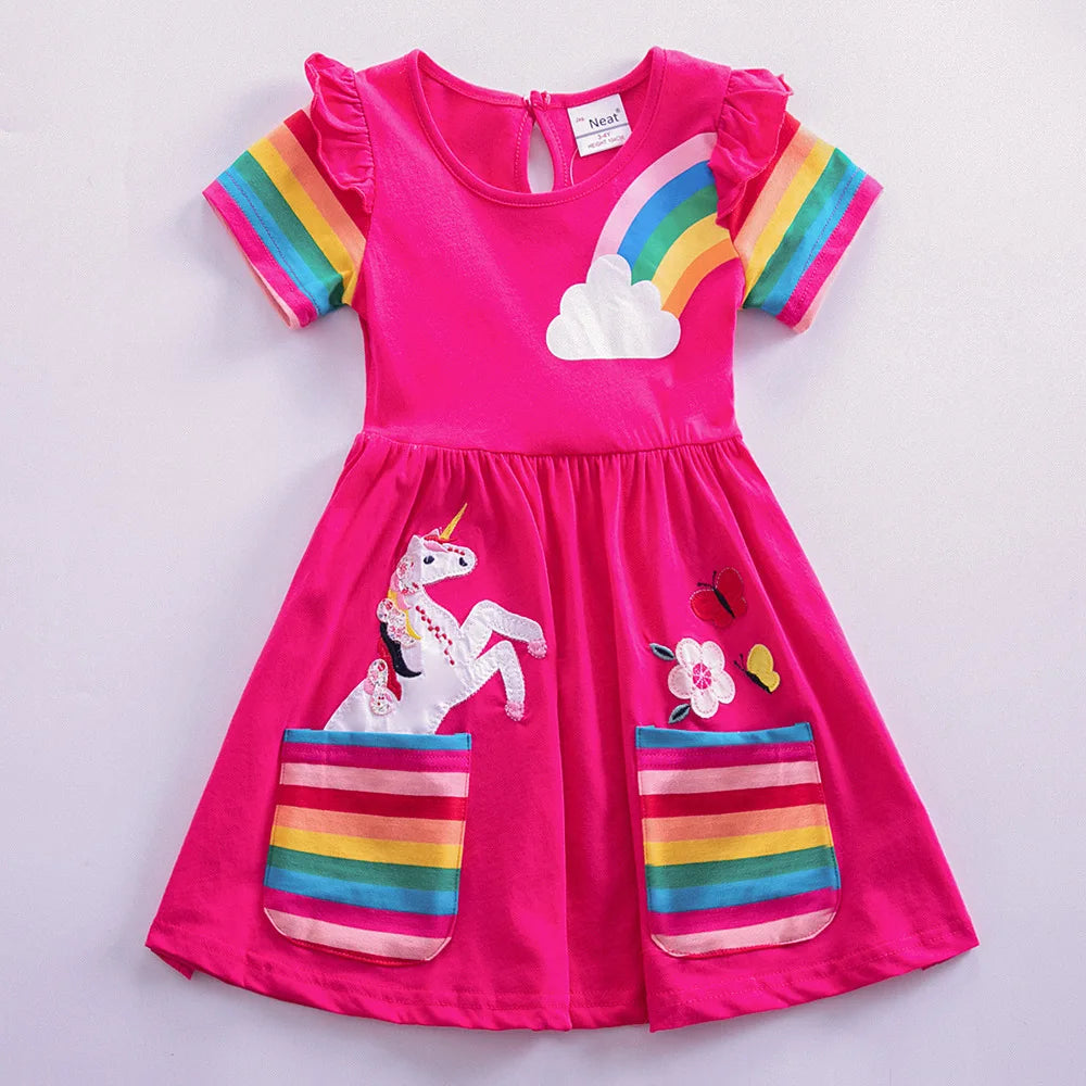 Girls' Short Sleeve Unicorn Dress New Summer Embroidered Two Pockets Rainbow Sleeve Children's SH81035