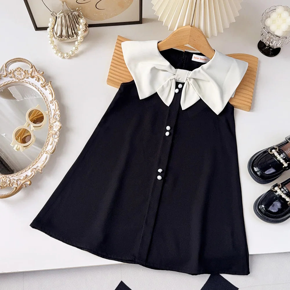 Black Bow Decoration Princess Dresses Korean Version Summer New Sleeveless Girls Dress Sweet and Simple Children's Clothing