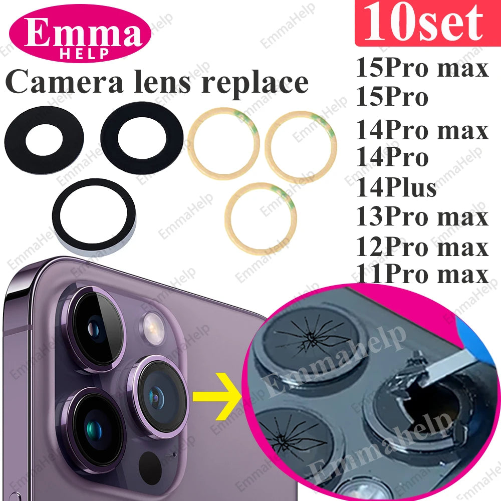 EmmaHelp 10set Back Camera Glass for iPhone 15 14 13 12 16 17 Pro Max Rear Camera Lens Cover Replacement Sticker A+