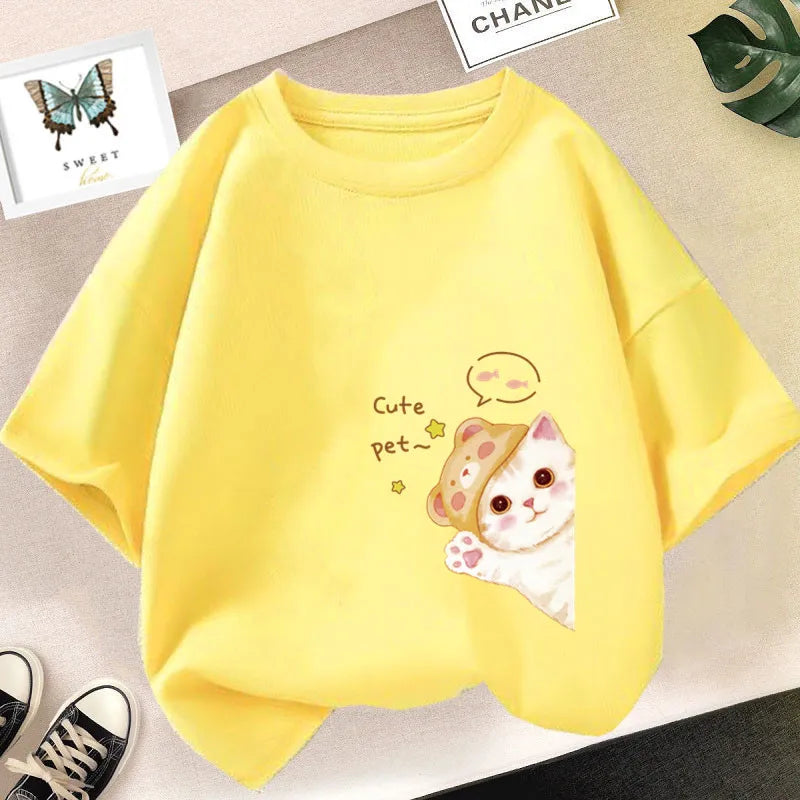 Girls Clothes 2024 Summer Fashion T-Shirt Fun And Cute Cat Kitten Print Short-Sleeved Tops Children Summer Clothes