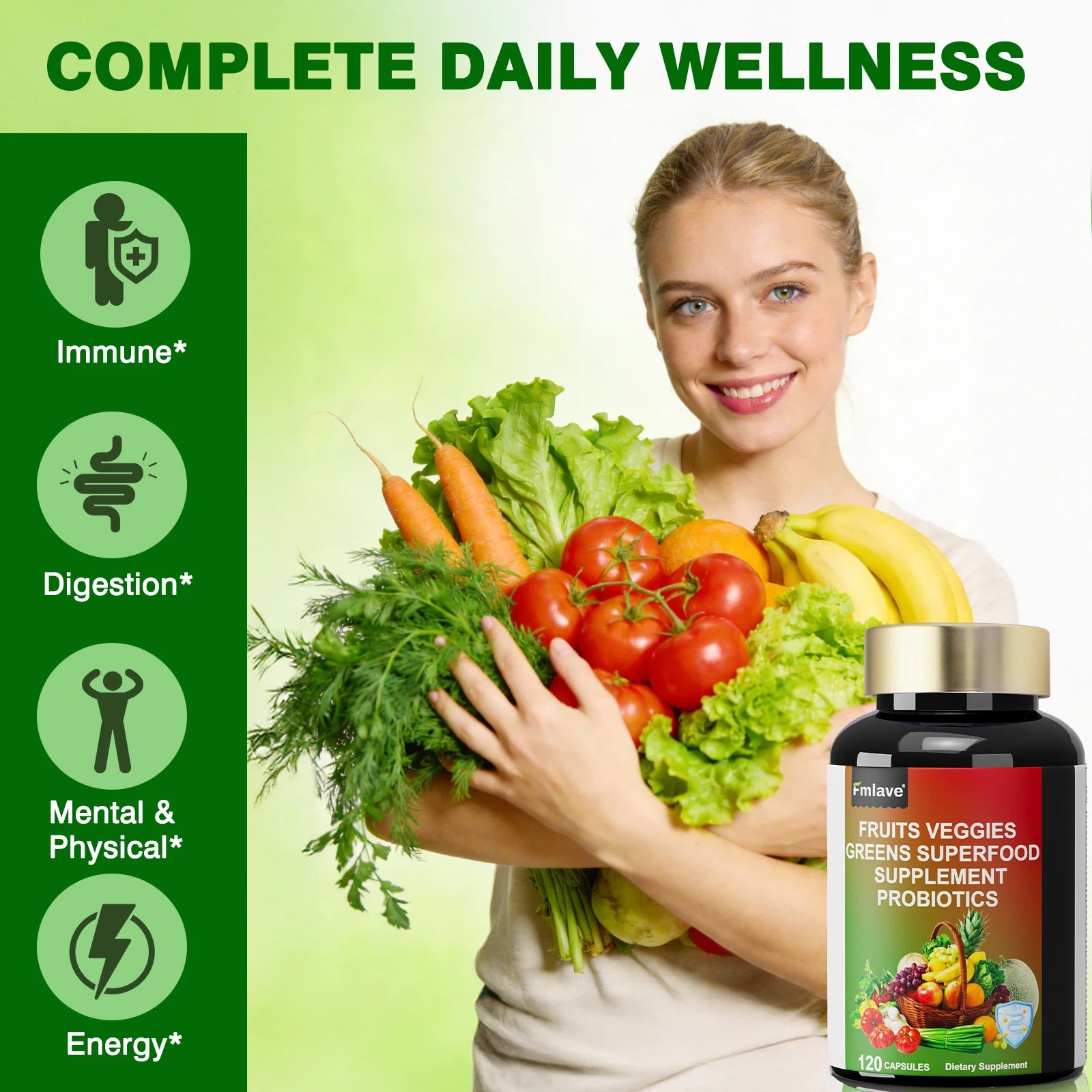 Fmlave Fruits and Veggies Supplement Reds & Green Superfood - Balance of Over 70 Fruit & Vegetable Supplements Capsules with Probiotics Prebiotics Digestive --120Caplules