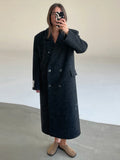  Chic Ladies Woolen Long Overcoat Solid Double-Breasted Lapel Padded Shoulder Loose Coat Women Autumn Winter Street Outerwear