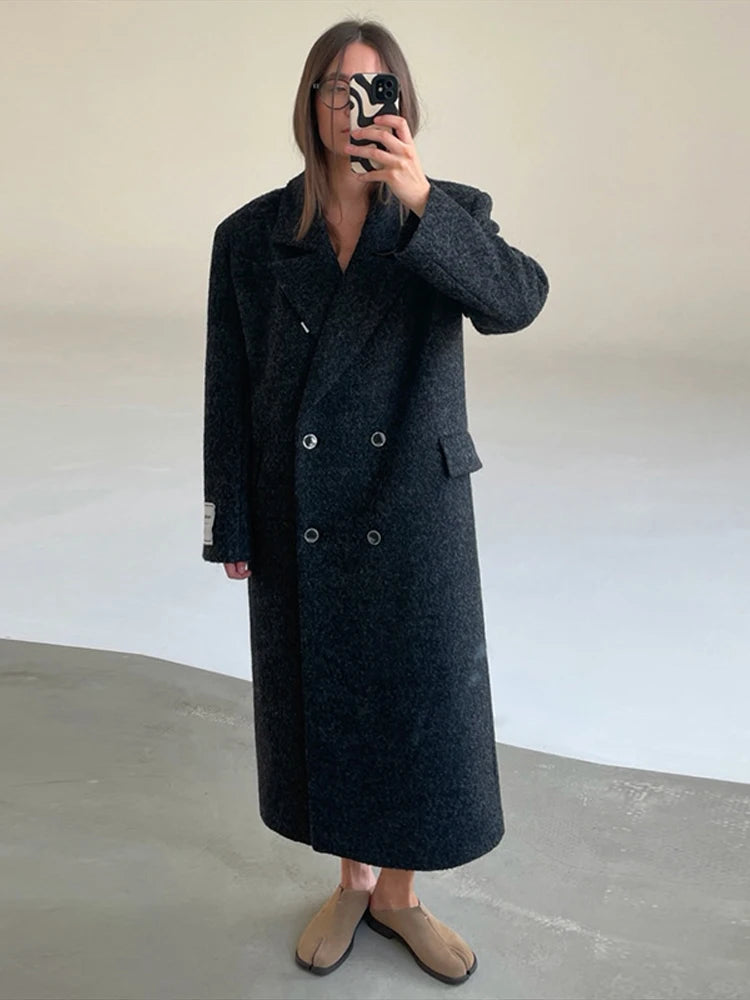  Chic Ladies Woolen Long Overcoat Solid Double-Breasted Lapel Padded Shoulder Loose Coat Women Autumn Winter Street Outerwear