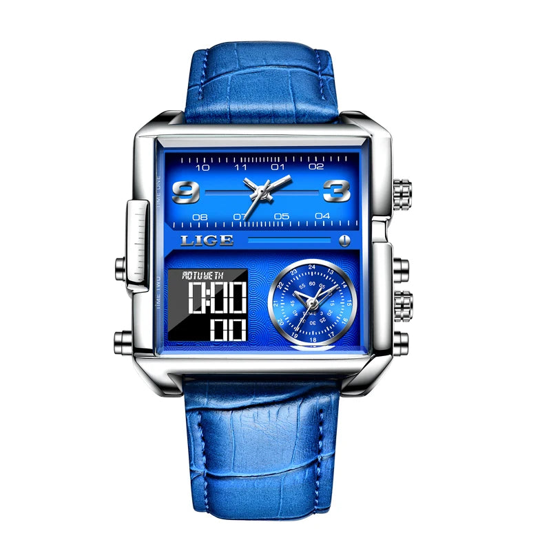 LIGE New Top Brand Luxury Fashion Men Watches Gold Steel Sports Square Digital Analog Big Quartz Watch for Man relogio masculino