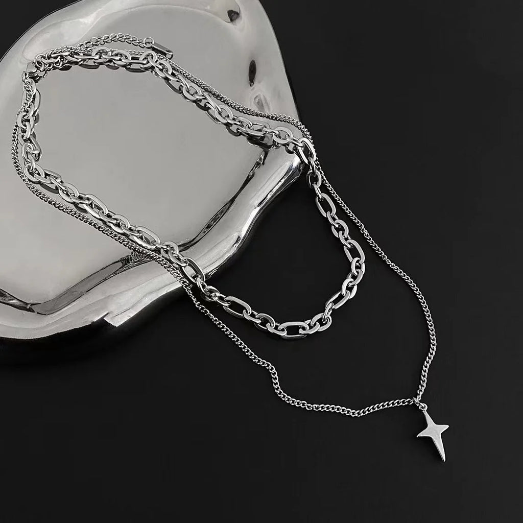 New Design Double Layer Link Chain Cross Star Necklace for Women Man Teens Trendy Punk Hip Hop Stainless Steel Choker