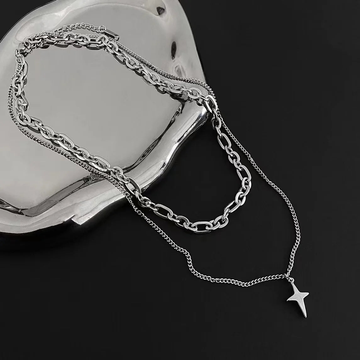 New Design Double Layer Link Chain Cross Star Necklace for Women Man Teens Trendy Punk Hip Hop Stainless Steel Choker
