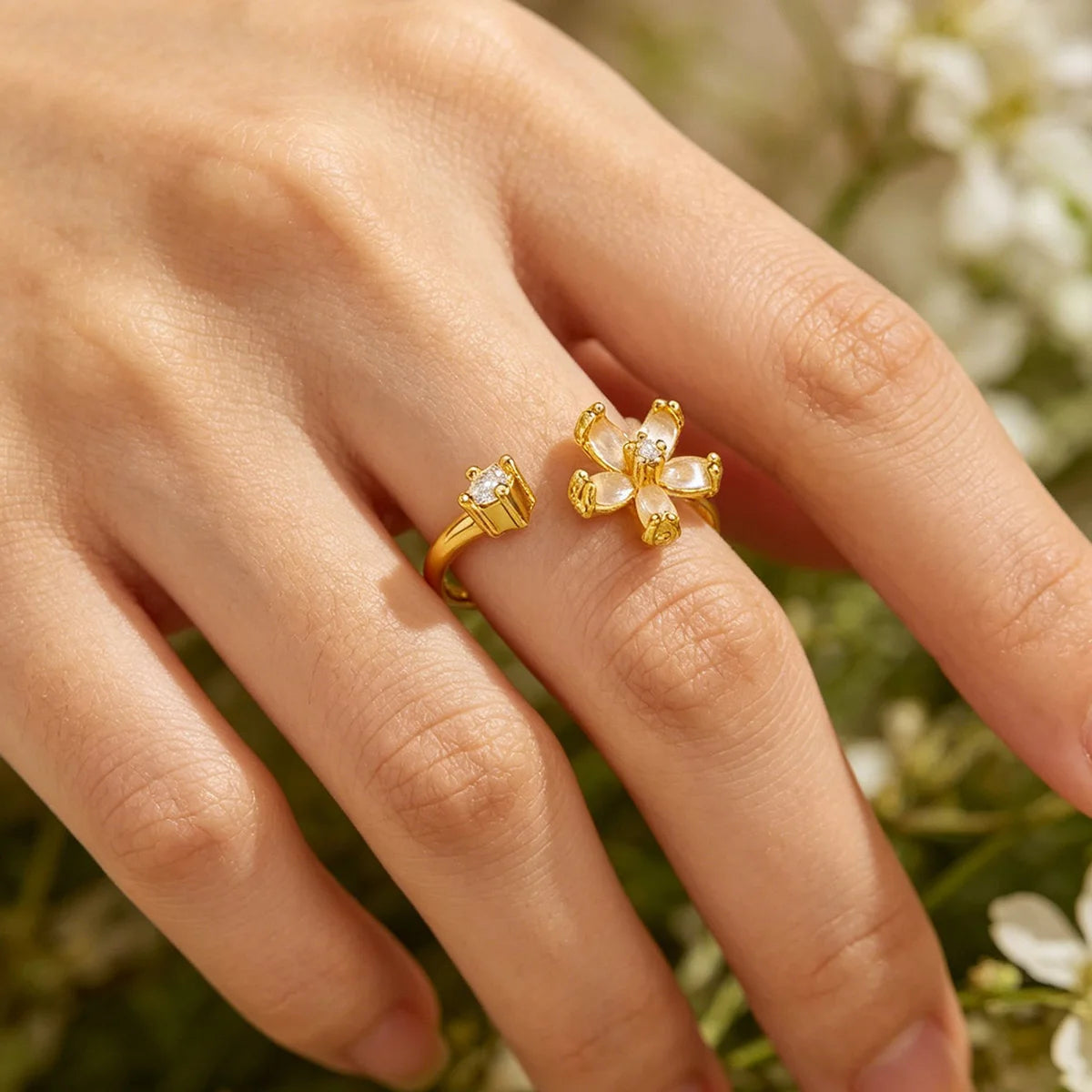Opal Flower Rings For Women Cubic Zirconia Openning Stainless Steel Flower Ring Wedding Floral Aesthetic Jewelry anillos mujer