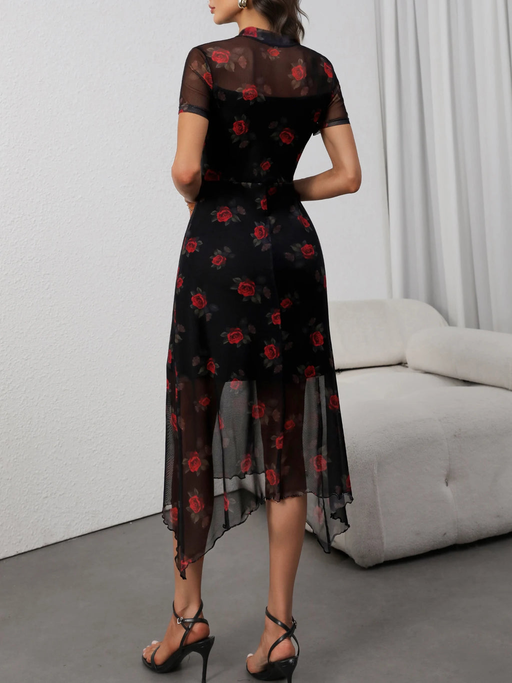 Goth Dark Elegant Fashion Florals Print Short Sleeve Mid Dress Fairy Grunge Mesh Patchwork Double Layer Dresses Gothic Techwear