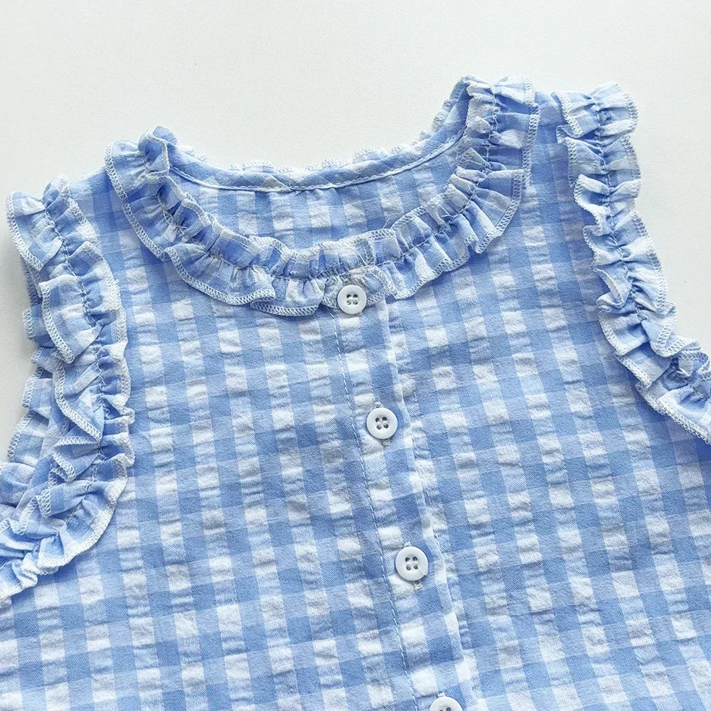 Blue and White Grid Fresh Casual Girls' Clothing Lace Sleeveless Single Breasted Vest+wide Leg Pants Two-piece Set for Summer