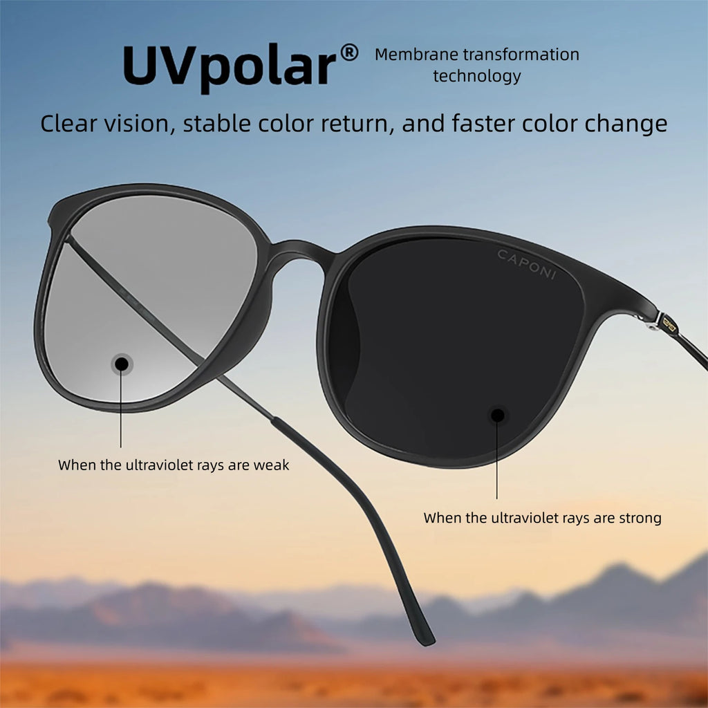 CAPONI Oval Men's Sunglasses Photochromic Polarized Sun Glasses For Men Protect UV Ray Super Light Driving Black Glasses BS520