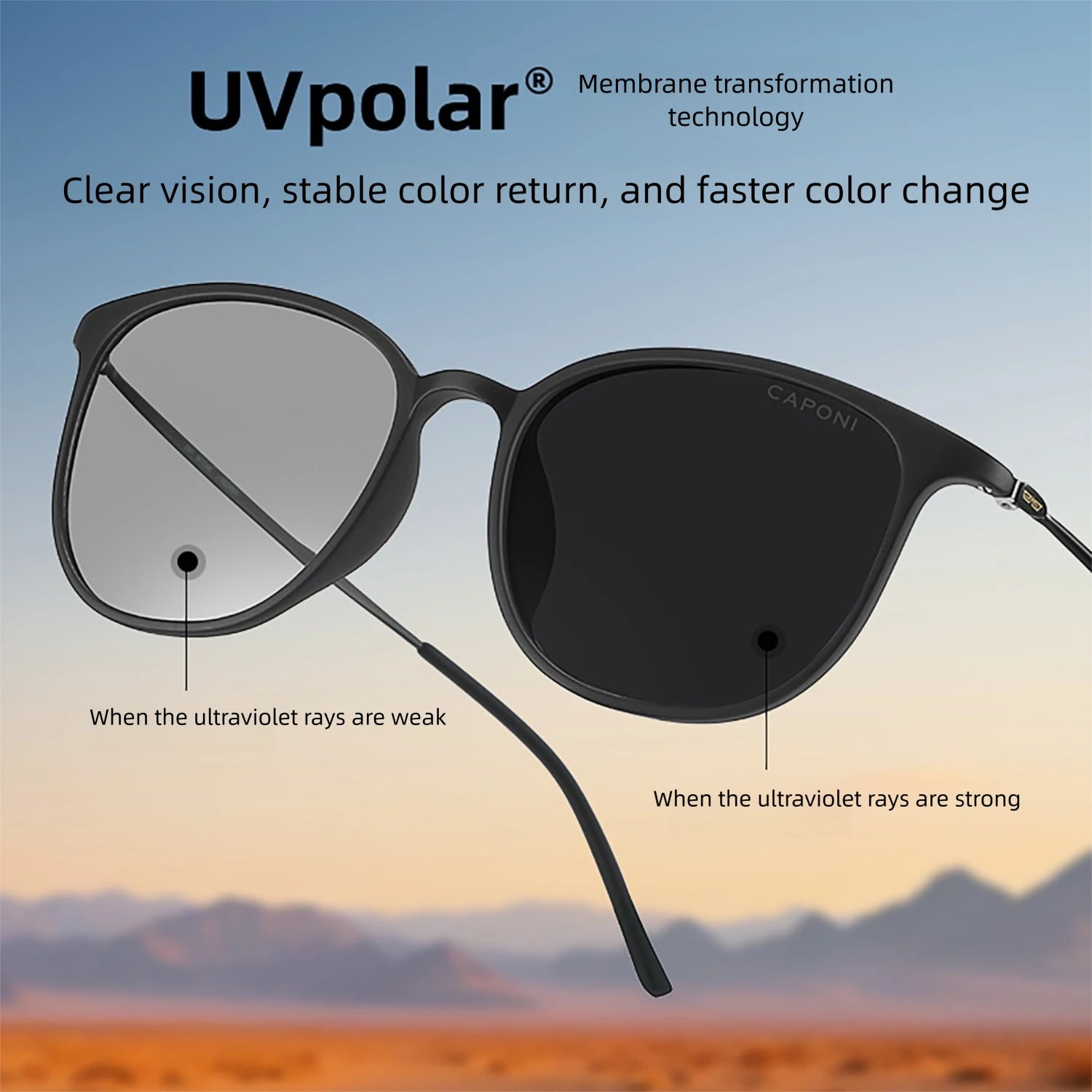 CAPONI Oval Men's Sunglasses Photochromic Polarized Sun Glasses For Men Protect UV Ray Super Light Driving Black Glasses BS520
