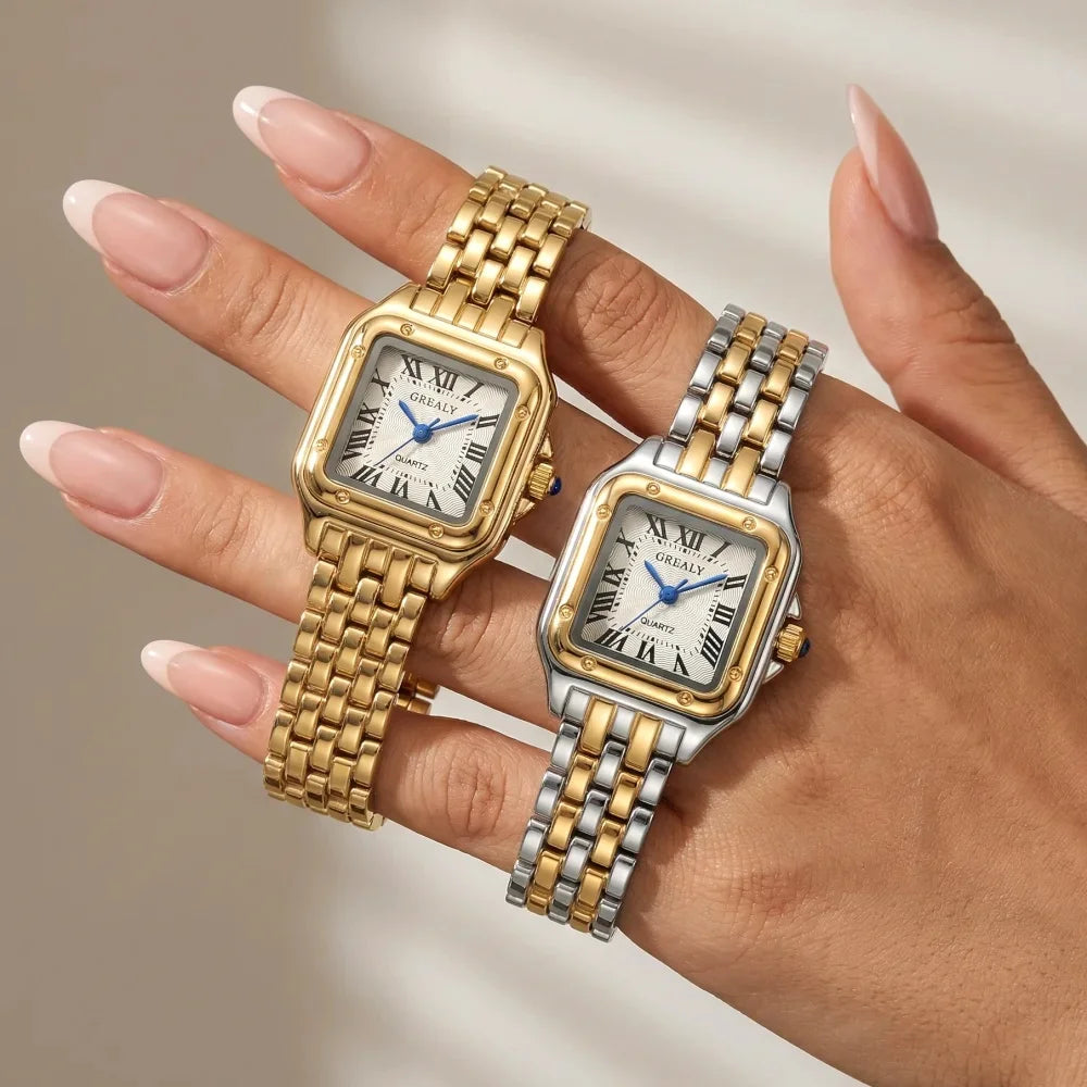 New Fashion Quartz Women Watch Simple Elegant Square Dial Gold Stainless Steel Strap Waterproof Leisure Business Watches Hot