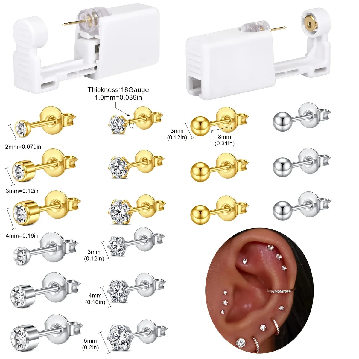 2 sets Ear Piercing Kit Disposable Ear Piercing Gun Kit Self Piercing Gun and Build-in Earrings Stud Ear Piercing Gun