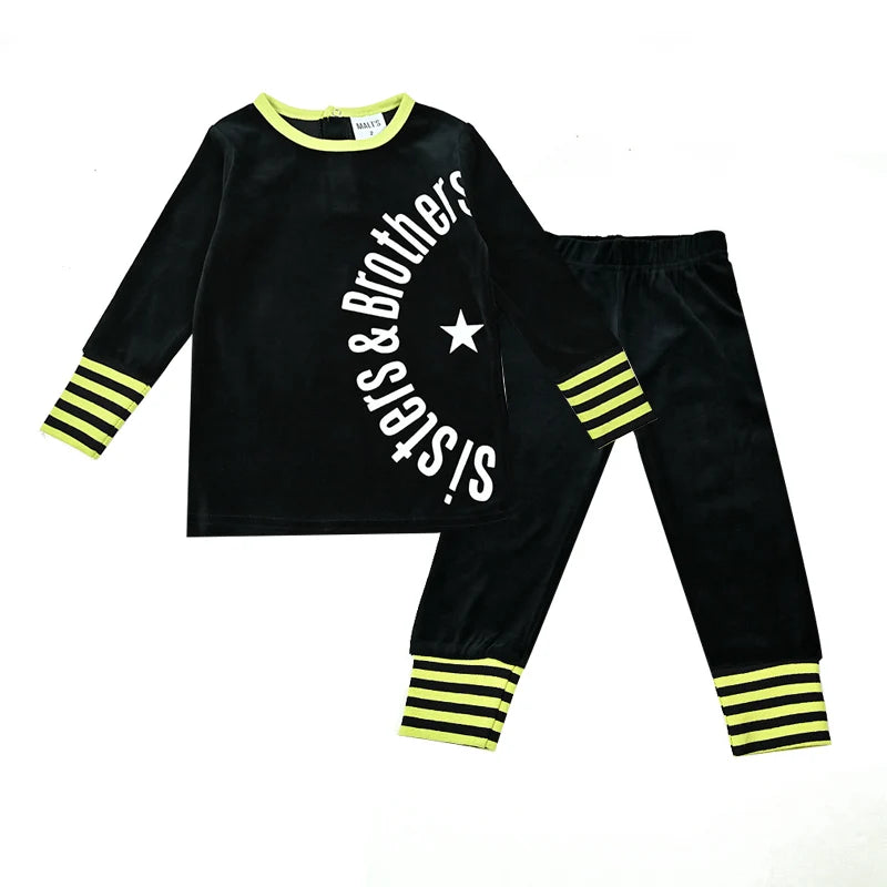 Children's Matching Clothes Set Siblings Black Velour Letters Print Boy And Girl Autumn Winter Comfortable Clothing