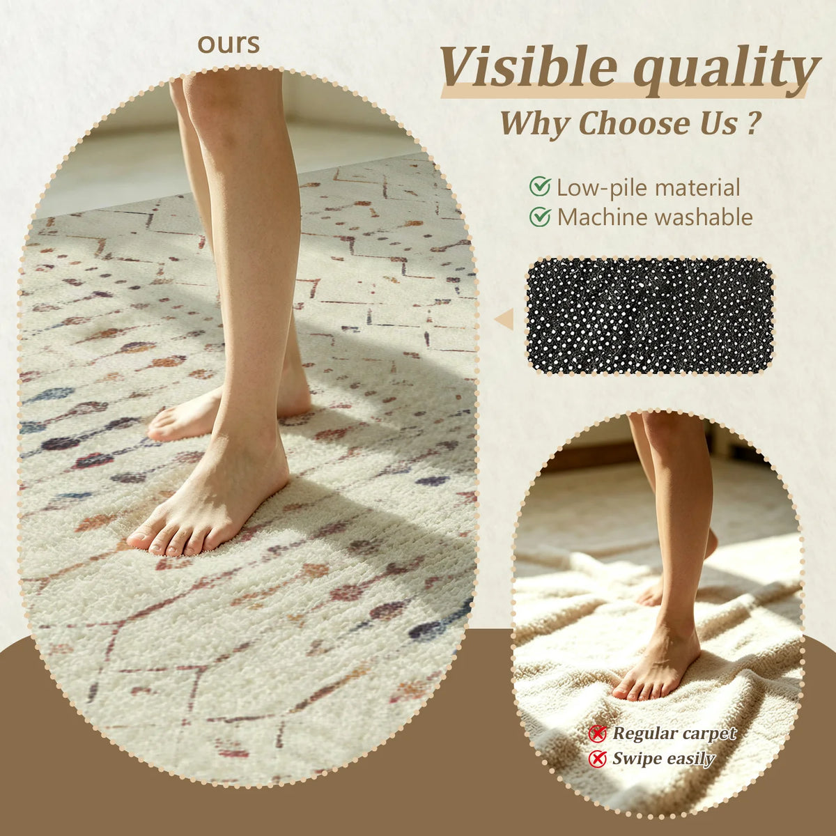 Large Indoor Area Rug, Soft Velvet Low Pile with Non-Slip Dotted Backing, Machine Washable Cream Tribal Geometric Accent Rug for Living Room, Bedroom, Entryway and Dining Spaces