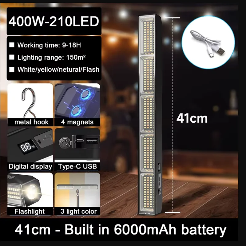 【High Power Magnetic LED Light Bar】2026 New Portable USB Rechargeable Work Light 3 Modes IP66 Waterproof Emergency Power Bank