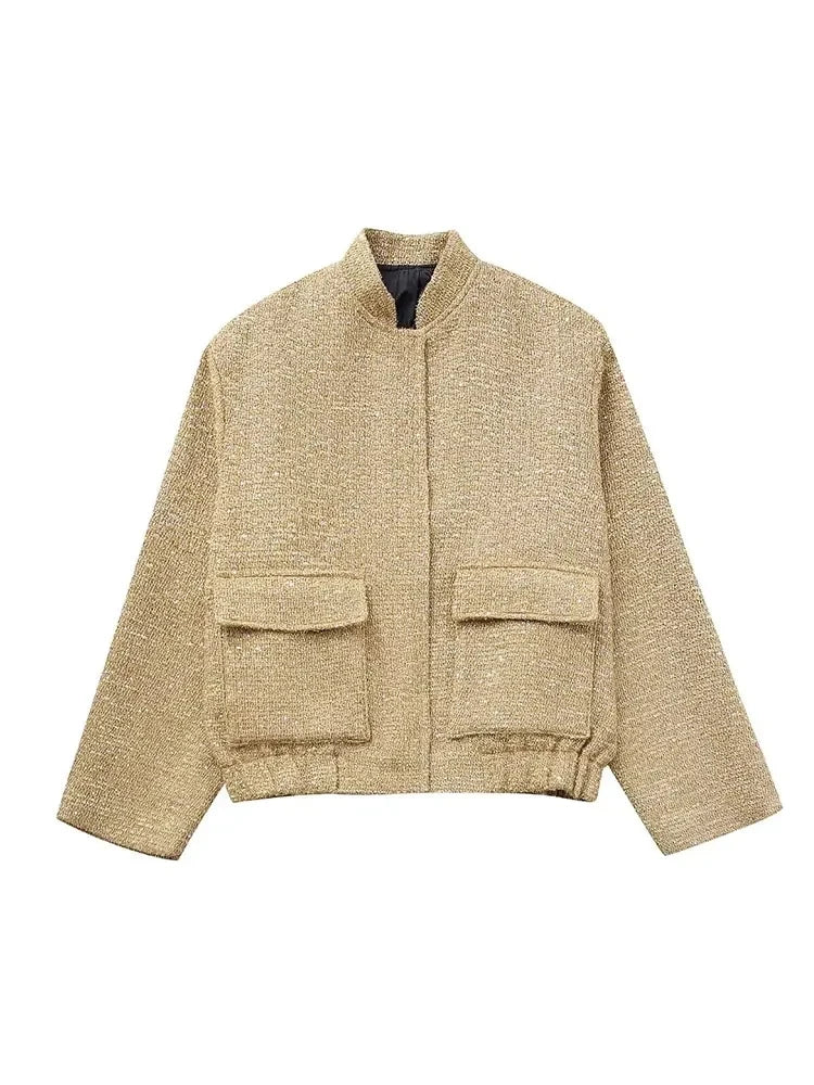 Women Shiny Sequin Jacket Y2k Gold Color Stand Collar Long Sleeve Short Coat Autumn Winter Ladies High Streetwear