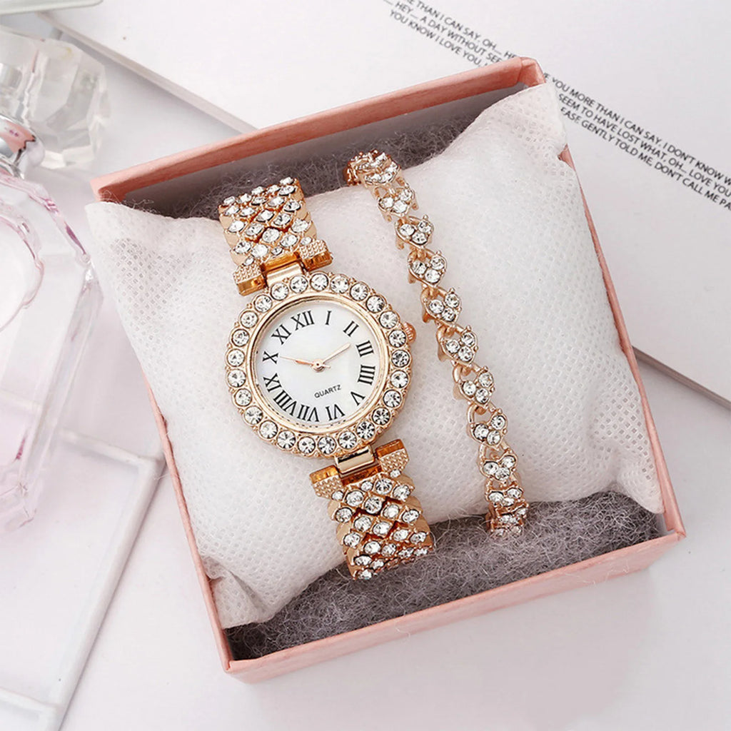Fashion Women Elagant Watch Casual Simple Steel Strap Quartz Diamond Inlaid Watch Bracelet 2pcs Set Temperament Wearing Style