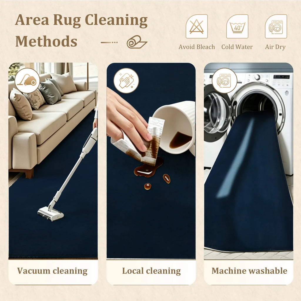 Large Navy Blue Velvet Low Pile Area Rug, Non-slip Dotted Backing, Machine Washable Soft Indoor Rug for Living Room, Bedroom, Home Floor Decor
