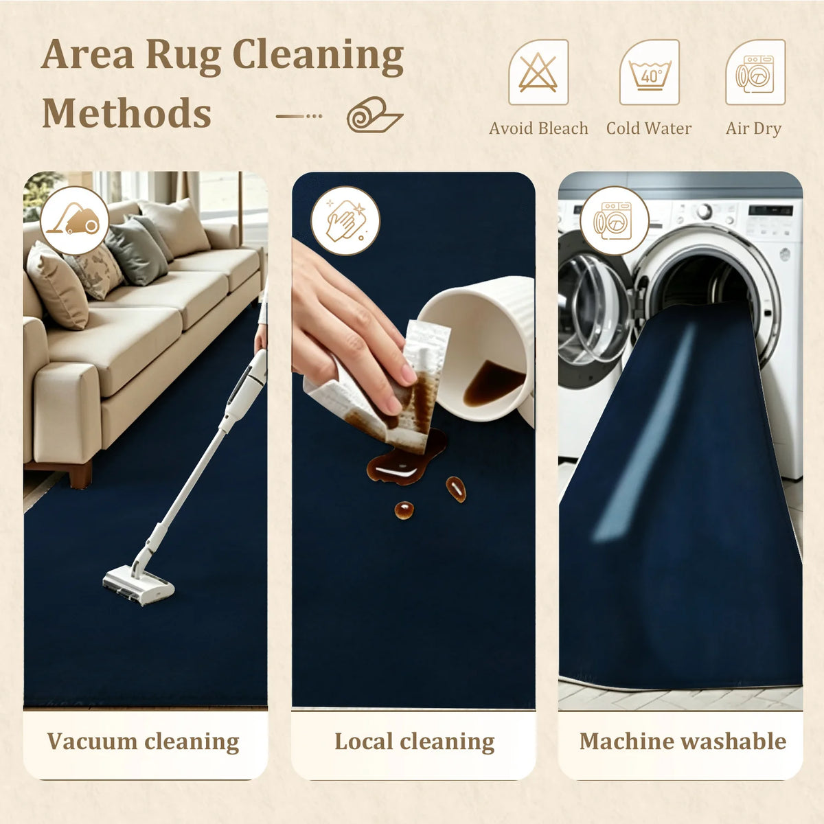 Large Navy Blue Velvet Low Pile Area Rug, Non-slip Dotted Backing, Machine Washable Soft Indoor Rug for Living Room, Bedroom, Home Floor Decor