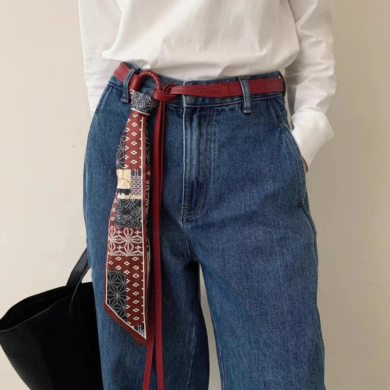 Women's Silk Scarf Belt Accessories, Ribbon Waist Belts, Hip-Hop Punk Vintage Decorative Belts for Jeans in Red