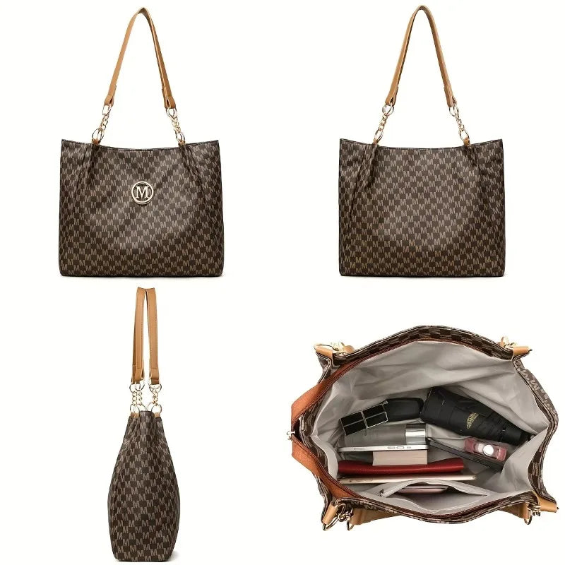 Vintage Geometric Tote Bag Synthetic Leather Letter "M" Design for Women Handbag Shoulder Bag Large Capacity Shopping Travel Bag