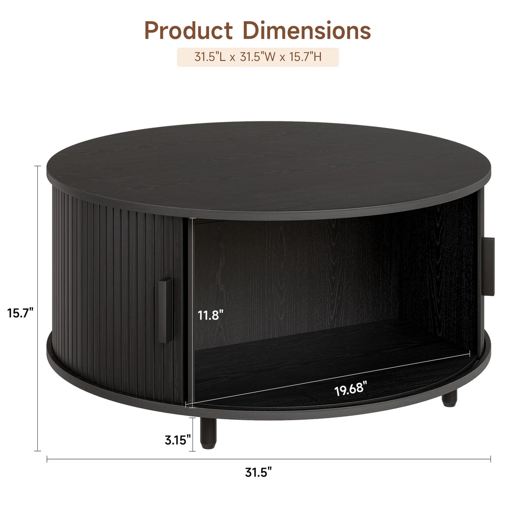 Round Coffee Table with Storage, 31.5 In Drum Coffee Table with 360° Curved Sliding Door, ModernFluted Wood Accent Coffee Tablee
