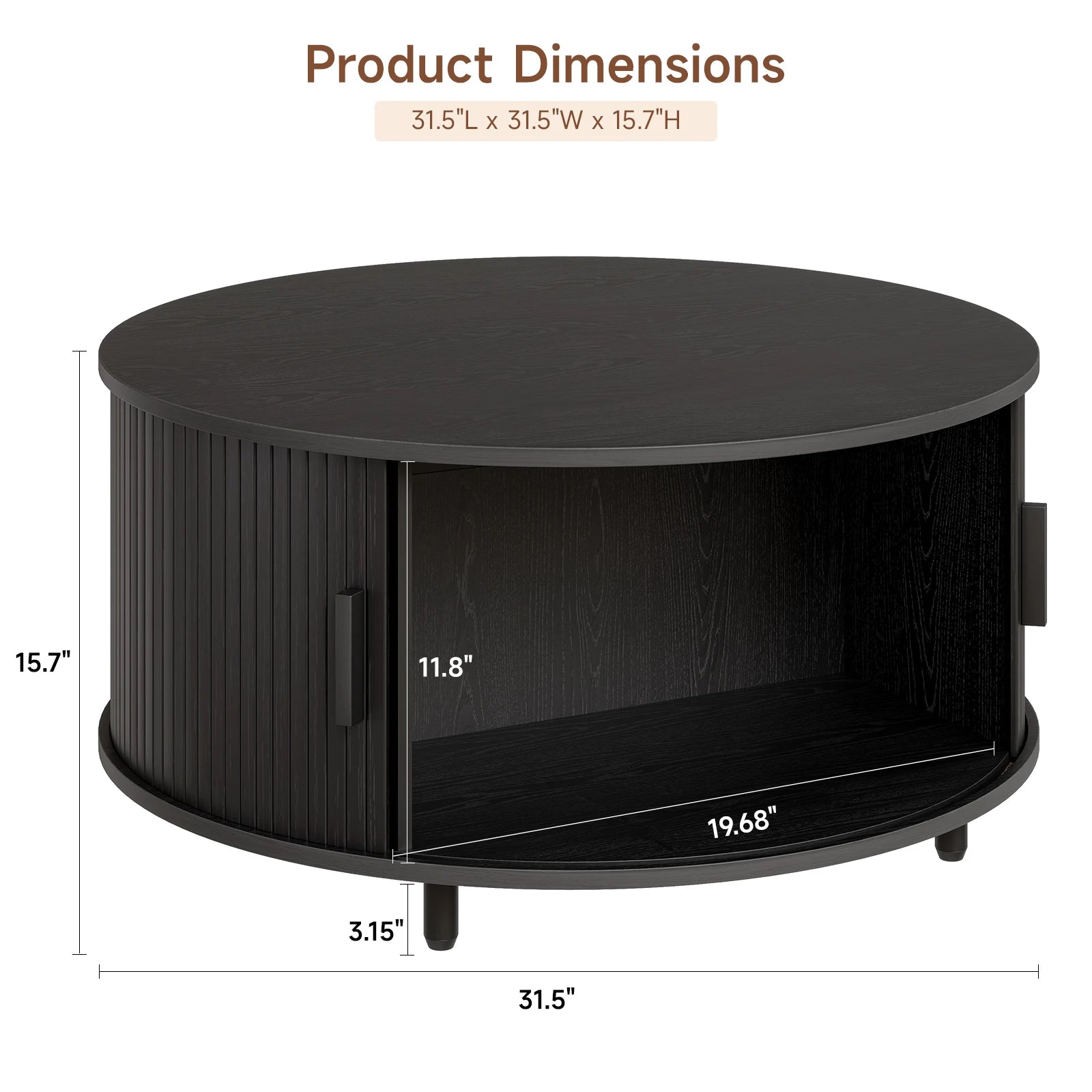 Round Coffee Table with Storage, 31.5 In Drum Coffee Table with 360° Curved Sliding Door, ModernFluted Wood Accent Coffee Tablee