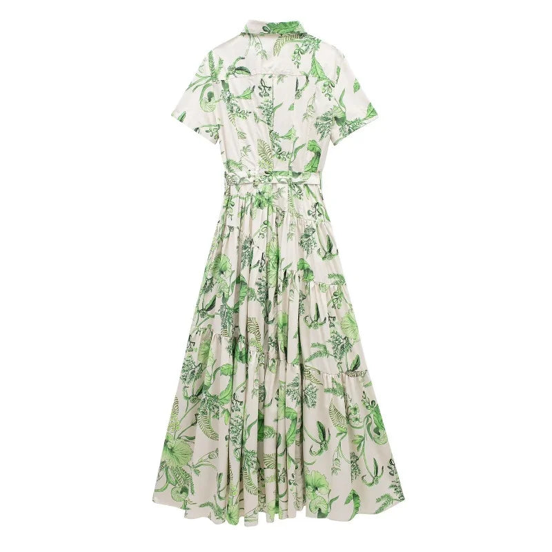 Women’s Summer Green Floral Print Short Sleeve Tie Waist Dress Casual Daily Wear Loose Fit Comfortable Style