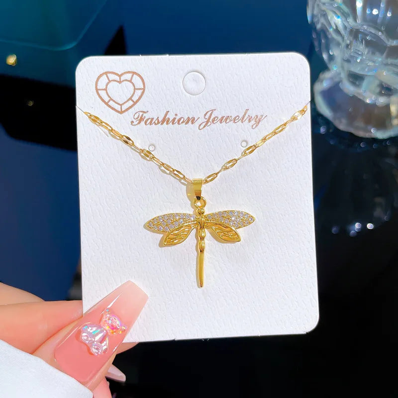 DIEYURO 316L Stainless Steel Personality Dragonfly Pendant Necklace For Women Fashion Girls Clavicle Chain Party Jewelry Gifts