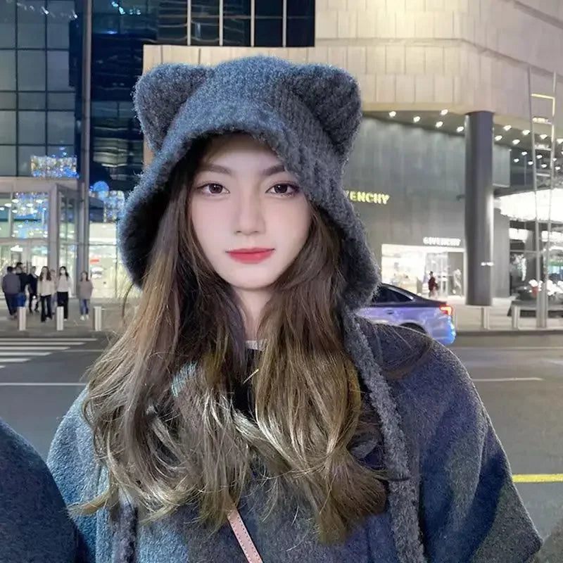 Cute Girl Knit Ear Protection Hat Bear Women Earmuffs Cap Woolen Crochet Bonnet Solid Color Hood Beanies Winter Warm Headgear