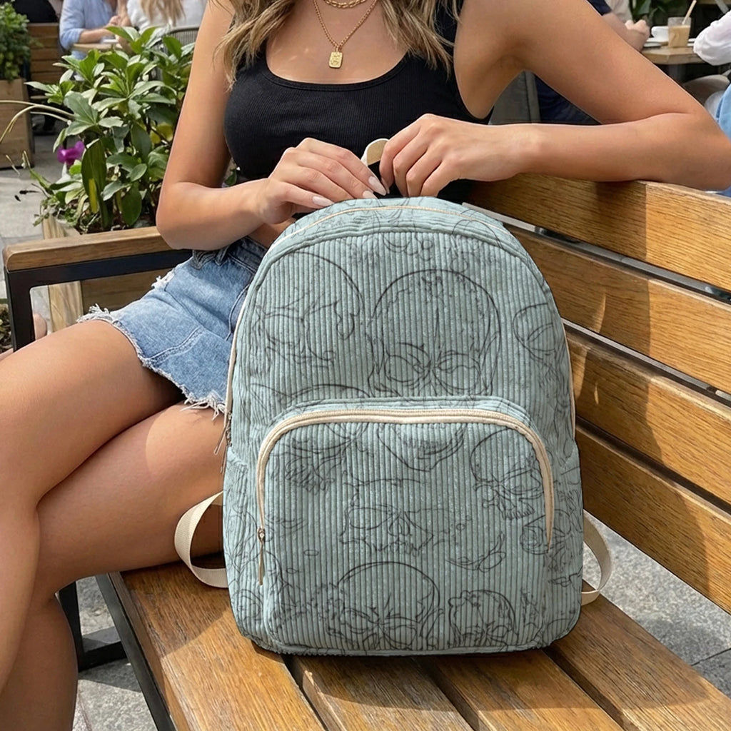 Gothic Skull Allover Print Women Fashion Backpack Corduroy Multi-pocket Large Capacity Commuter Bag