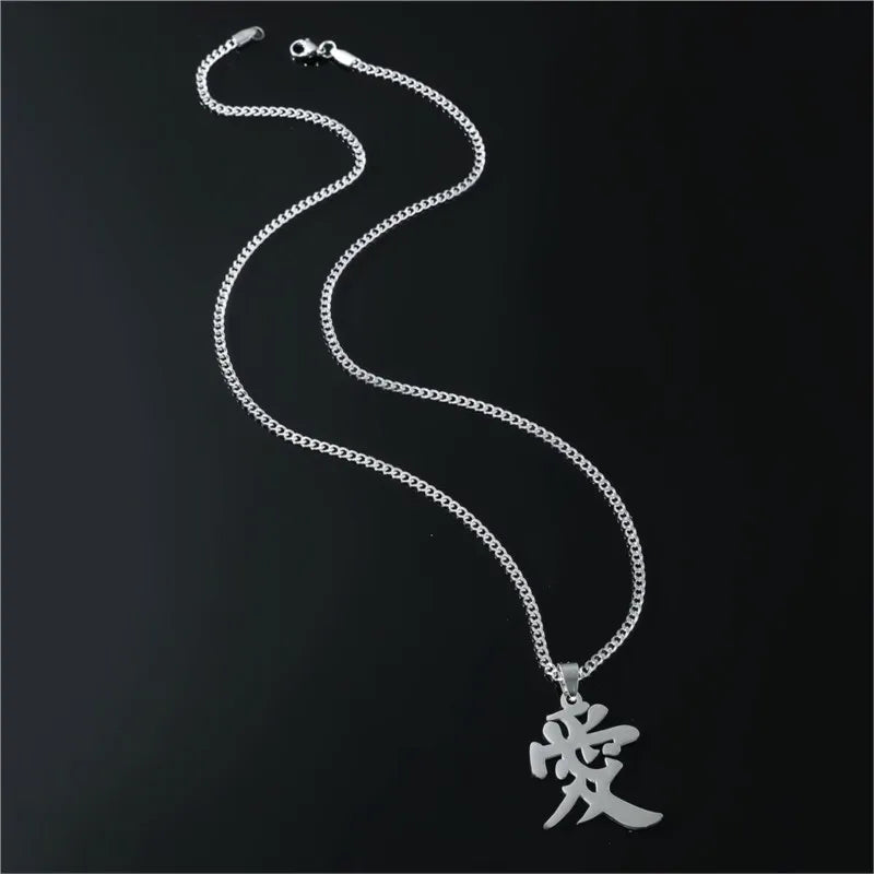 Stainless Steel Chinese Character Pendant Necklace for Women Men Punk Hip-hop Style Party Jewelry Gifts
