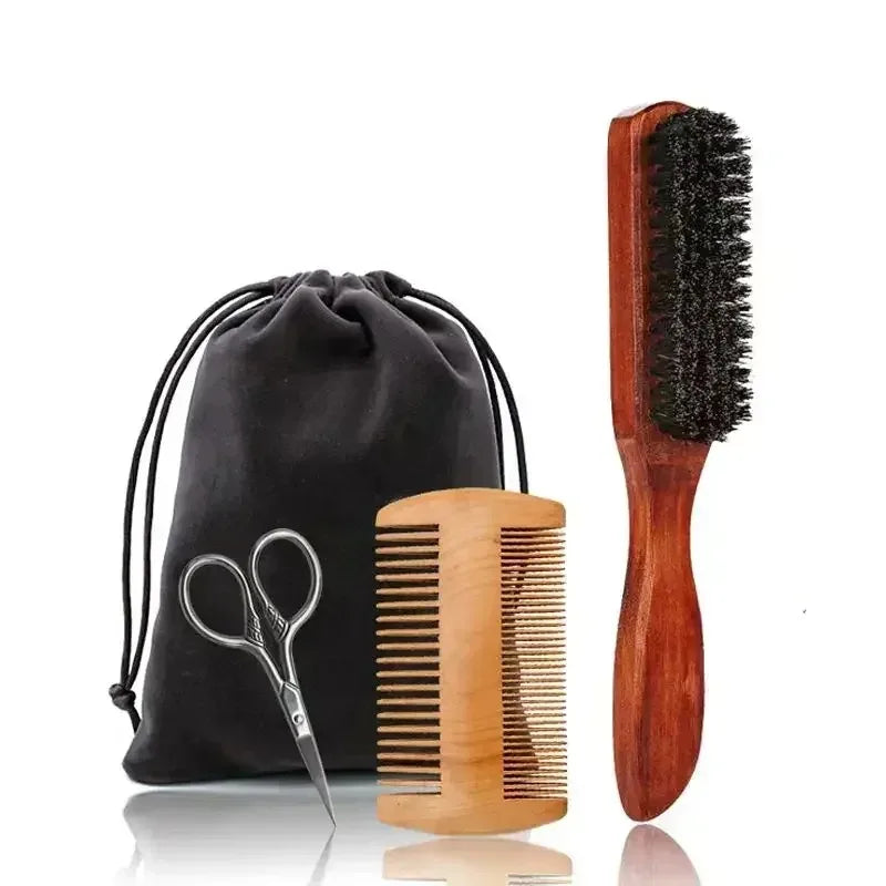 Professional Soft Boar Bristle Wood Beard Shaving Brush Men Mustache Comb Kit With Gift Bag Hairdresser Brush Hair Combs