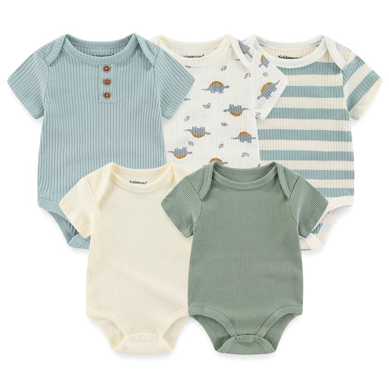 Newborn Bodysuits Unisex 5Pieces Baby Girl Clothes Solid Color Cotton Baby Boy Clothes Set Cartoon Print Summer Bebes