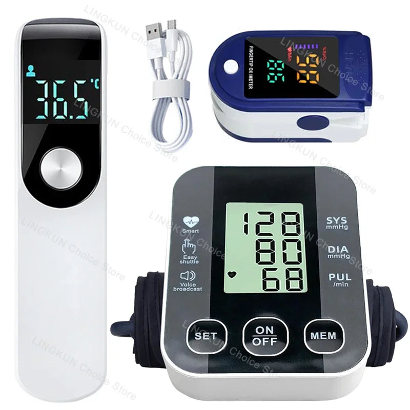 Medical Arm Blood Pressure Meter Tensiometers Tonometer Cuff Fever Thermometer Oximeter Heart Rate 3 IN 1 Set