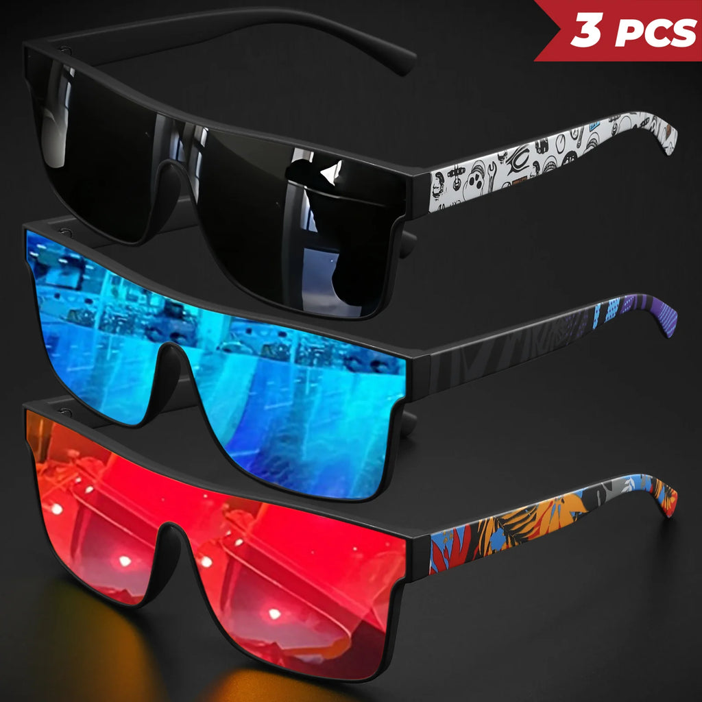 3PCS Colorful Sports Sunglasses - One-Piece Lens with Patterned Temples, UV400 Unisex for Cycling, Hiking & Beach