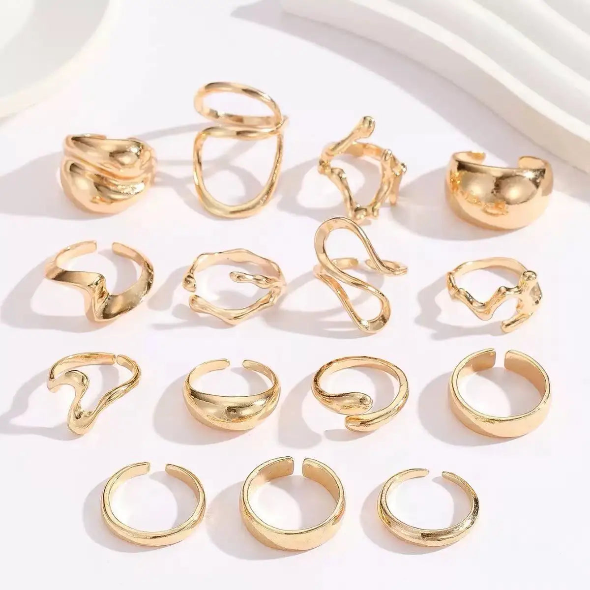 15Pcs Punk Smooth Geometric Open Rings Set For Women Exaggerated Irregular Silver Color Thick Chunky Ring Hip Hop Jewelry Gifts