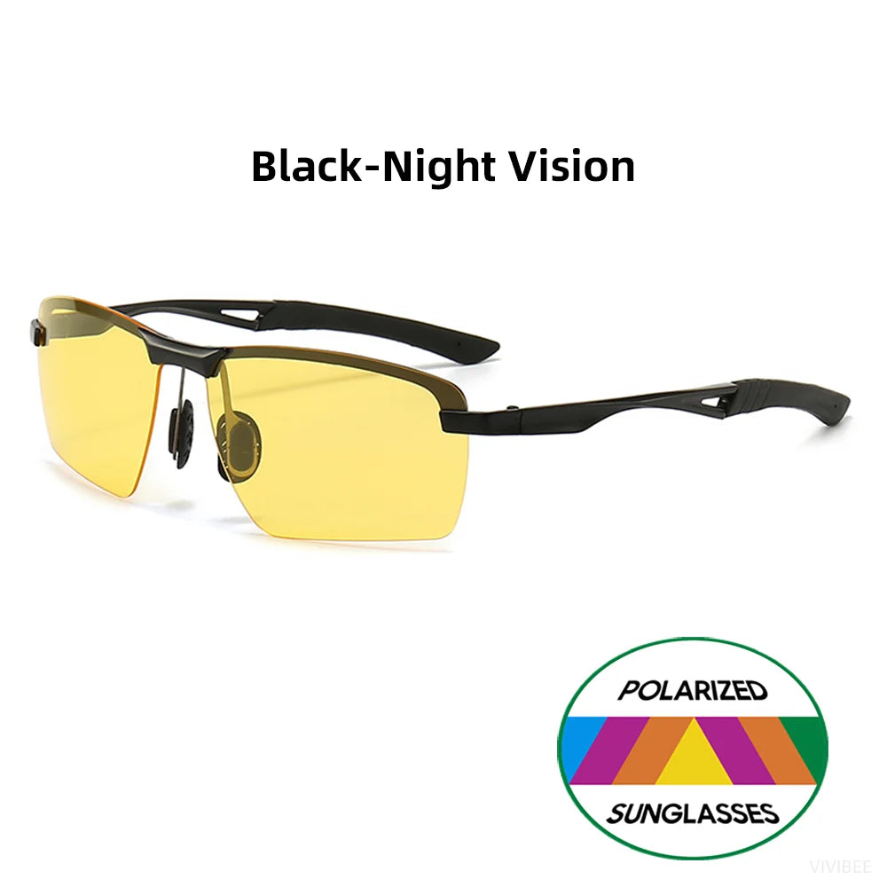 Men Day and Night Vision Glasses for Driving Yellow Polarized Lens Metal Rimless Frame UV400 Goggles Anti Glare Sunglasses