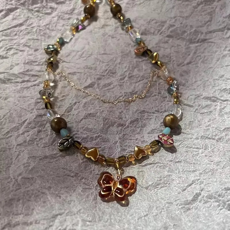 Boho Natural Tiger Eye Stone Beaded Necklace Set Multi Color Glass Butterfly Heart Leaf Star Charms Mixed Chain Necklaces for Wo