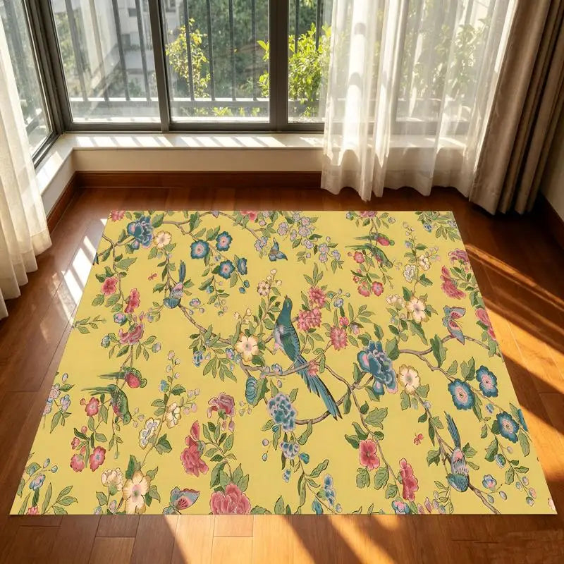 Yellow Floral Bird Area Rug – Six Sizes