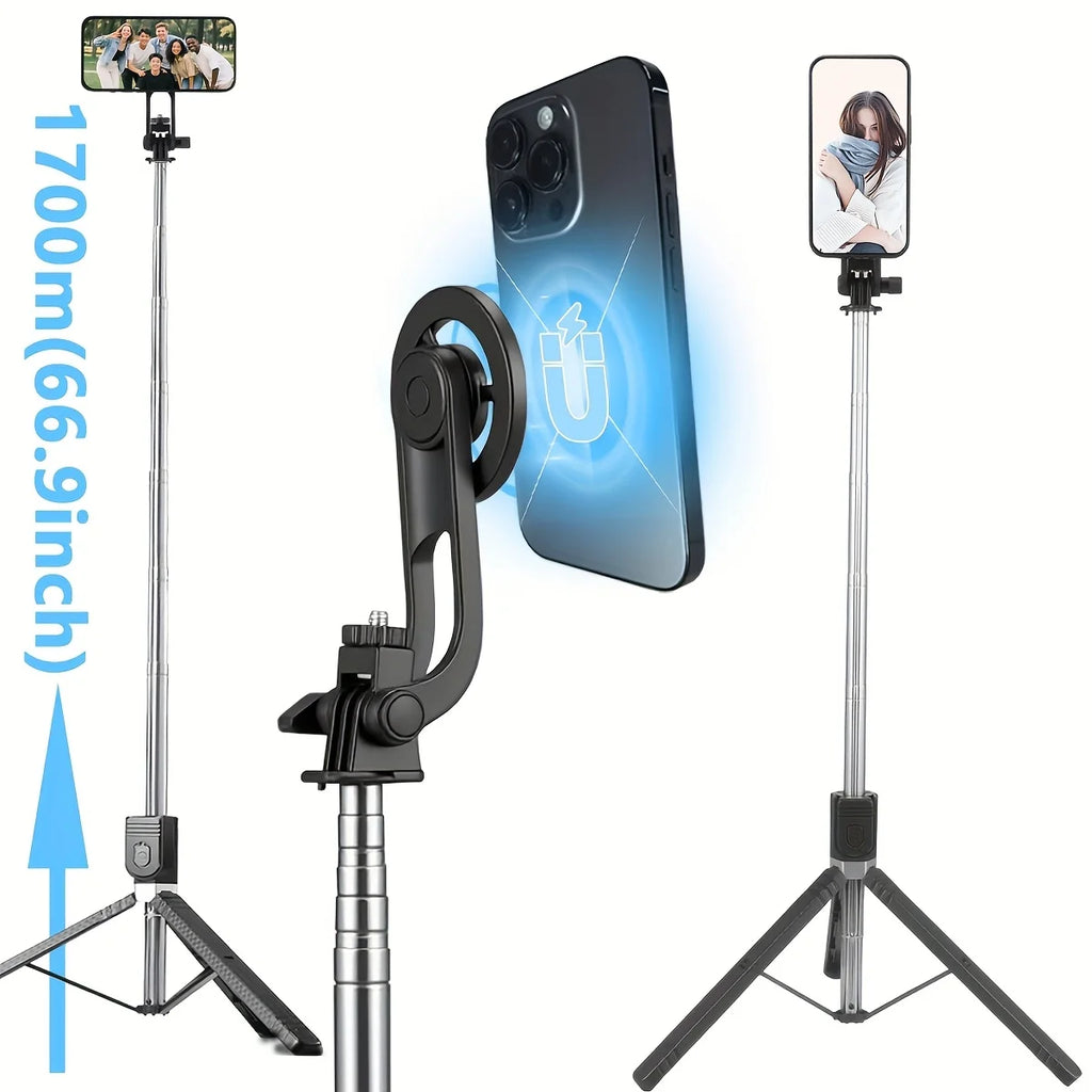 〈Magnetic Quick-Release〉Selfie Stick Tripod with Wireless Remote | Includes Universal Metal Plate for All Phones 170cm Travel st
