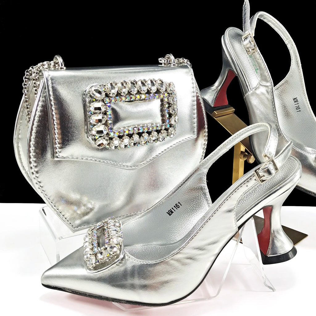 QSGFC Women High Heels Shoes for Women  Rhinestone Italian Designer Royal blue Color Pointed-Toe Shoes and Bags Set